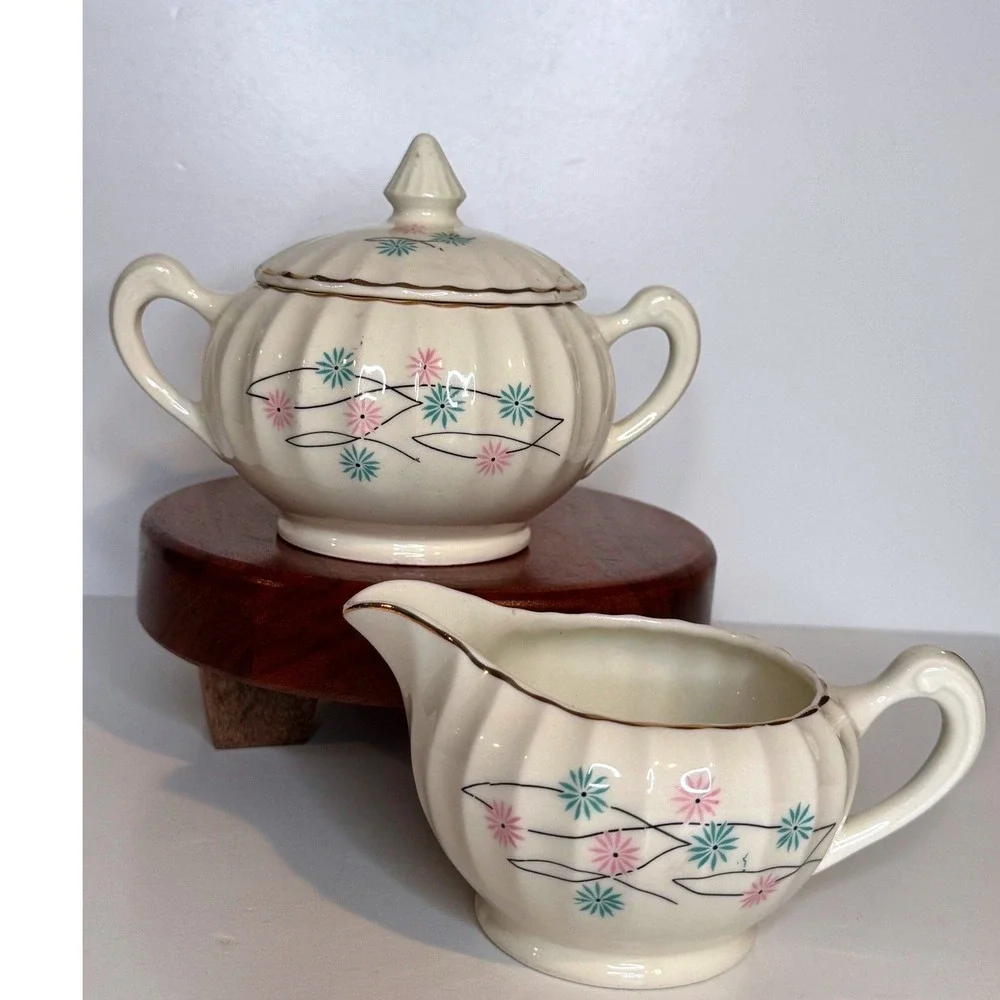 Vintage Atomic Starburst Creamer Sugar Set MCM Pink Blue‎ Floral Gold Trim